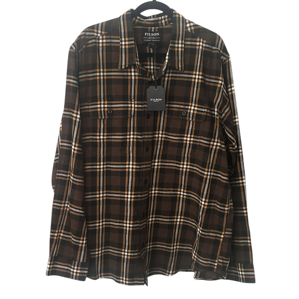 Filson Scout Shirt 2XL‎ Long Sleeve Brown Black Gold Twill Lightweight Plaid NEW